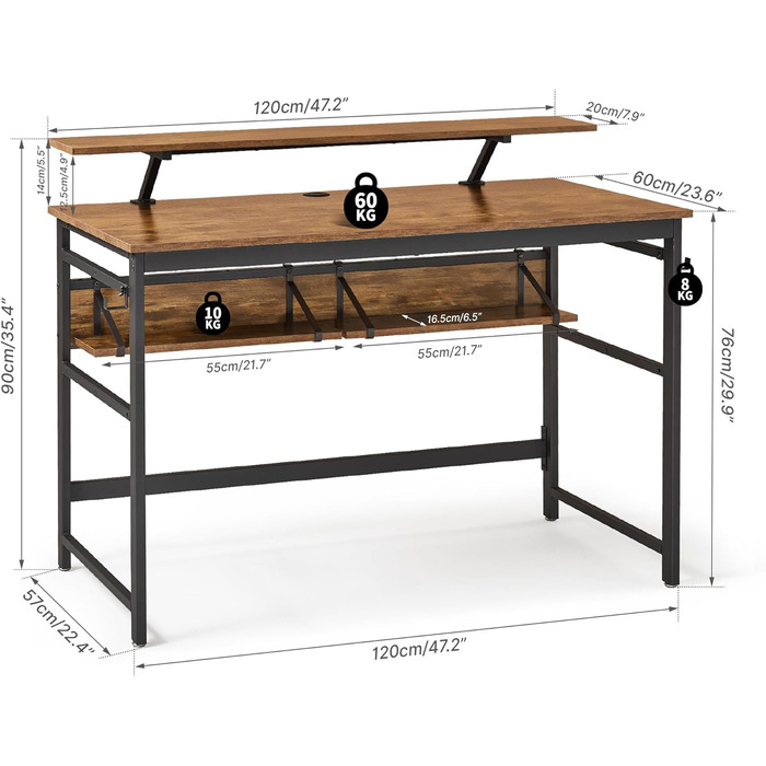 Письмовий стіл Mondeer з підставкою для монітора, 2 полиці, 120x60x90 см, вінтажний коричневий