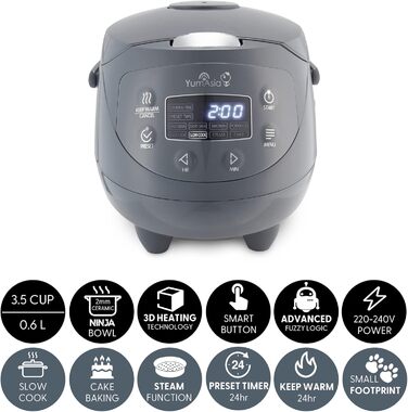 Рисоварка Yum Asia Panda Mini з керамічною чашею Ninja та технологією Fuzzy Logic (3,5 чашки, 0,63 л), 4 функції приготування рису, 4 функції мультиварки, 220–240V (Кобальтово-сірий)