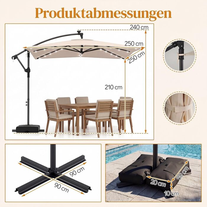 Садова парасолька COSTWAY 250x250 см з LED-підсвіткою, стійкою та рукояткою, квадратна сонцезахисна парасолька для тераси, басейну та двору, бежева