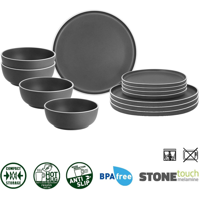 Набір посуду BRUNNER Melamin Camping | 12 предметів - тарілки та миски для 2-4 осіб | DOLOMIT Midday - Стійкий до подряпин, штакельний набір 12 предметів