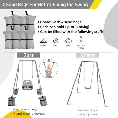 FUNLIO Набір гойдалок 2-в-1 та дитячий фітнес-арка для малюків, гойдалка для дітей з 4 мішками з піском, складаний металевий стійка для дому та вулиці, легко збирається та зберігається - Сірий