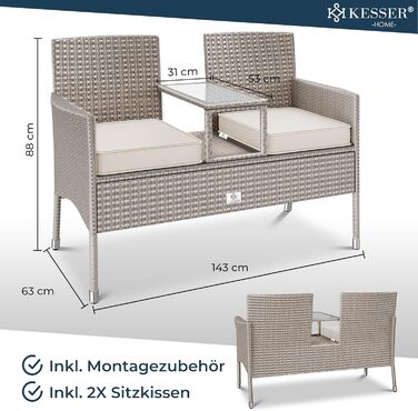 Садова банкетка KESSER® з ротангу на 2 особи з інтегрованим столиком, 143×63×88 см - стійка до погодних умов, комплект з подушками та чохлами (сірий)