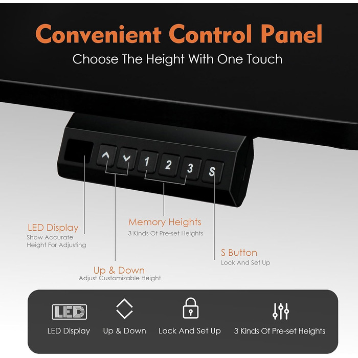 PACHIRA Електричний регульований стіл, 120x60 см, з пам'яттю та LED-дисплеєм, з гачком та кабелеуправлінням, ергономічний для дому/офісу, білий/чорний
