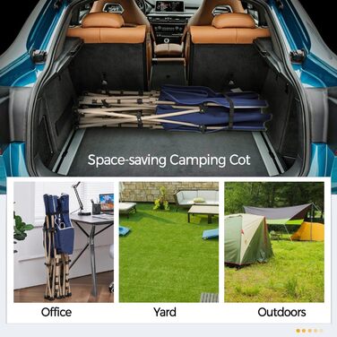 Розкладне кемпінгове ліжко Yaheetech для відпочинку та риболовлі, темно-синє, витримує до 150 кг, з кишенею та сумкою для транспортування