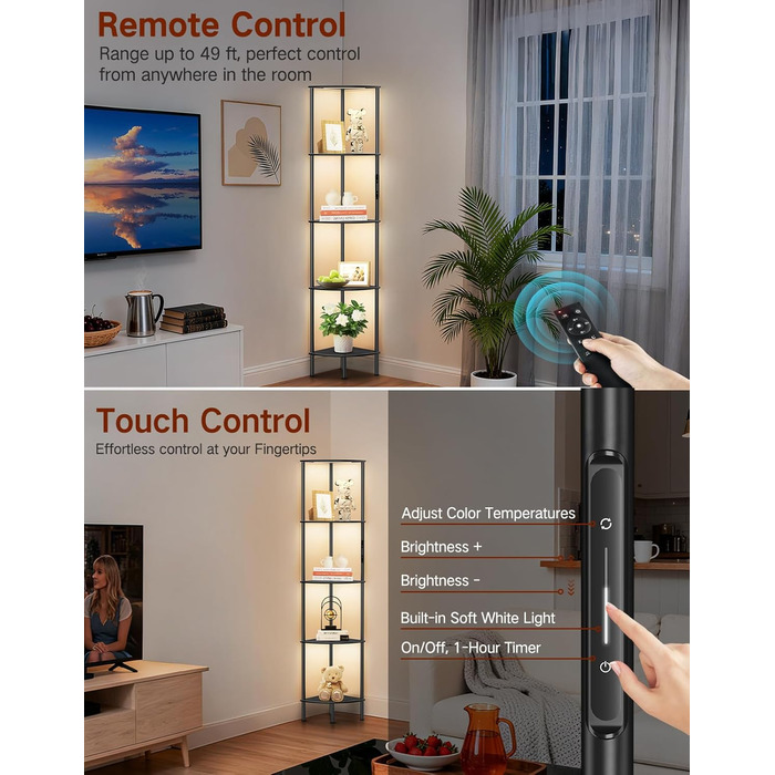 LED торшер з полицею, 3 режими світла, димування (сенсор/пульт), кутова полиця 5 рівнів, вузька книжкова шафа для вітальні, спальні, офісу, чорний