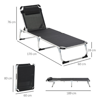 Outsunny Sun Lounger Садовий шезлонг 5-позиційний регульований складний ергономічний з сіткою чорний 170 x 60 x 76 см для відпочинку на свіжому повітрі