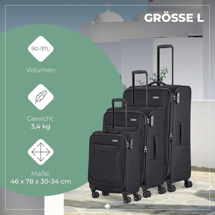 Набір валіз Travelite Chios: L/M/S, чорний, м'яка оболонка, ручна поклажа, IATA