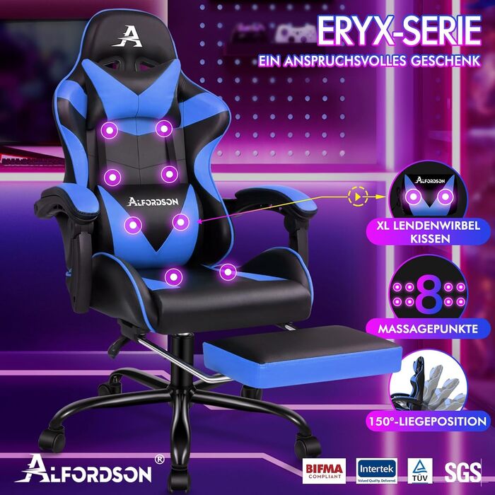 Ігровий крісло Alfordson з підніжкою, масажем, регулюванням на 150° та PU-шкірою. Макс. вага 180 кг, серія Eryx (Чорний/Синій)