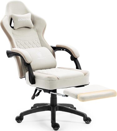 Ігровий крісло Dowinx з тканини та масажем, ергономічний геймерський крісло-ресинг з підніжкою (Бежевий)