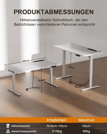 Регульований стіл з USB-зарядкою та розеткою, 100 × 60 см. Електричний стіл, регульований комп'ютерний стіл з 3-функціональною пам'яттю, білий. 100 x 60 см