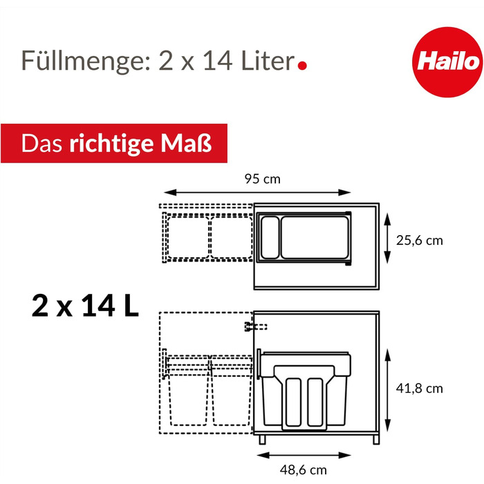 Конструкція Hailo EcoLine L вбудована система поділу сміття / 2 x 14 л / 28 л / подвійна система поділу сміття з висувними напрямними / знімна кришка з полицями / листова сталь / виконана в чорному кольорі