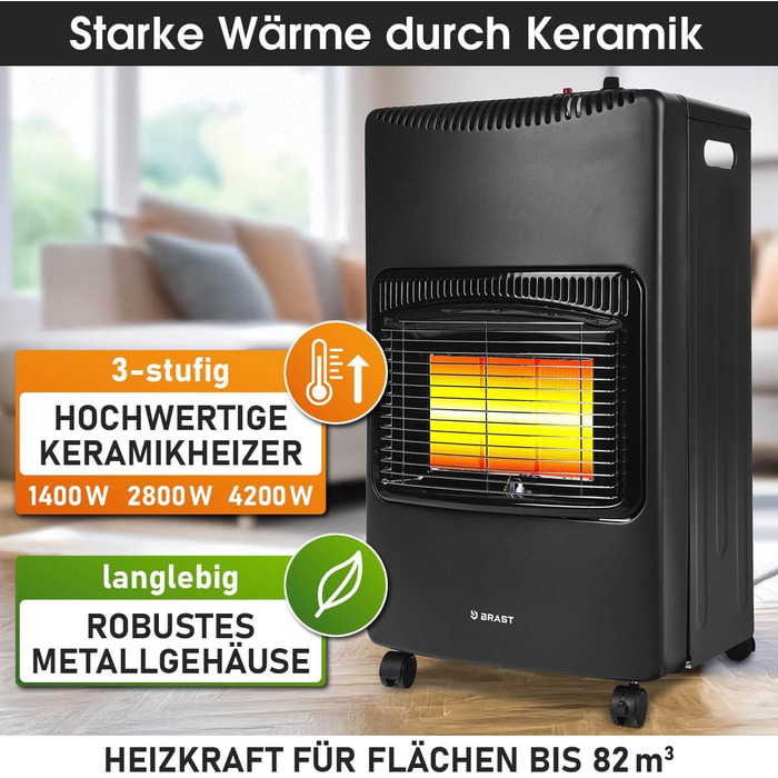 Газовий нагрівач BRAST Vulkan 4200W з керамічним нагрівачем | 3 режими нагріву | з захисним кожухом, редуктором, шлангом та індикатором рівня газу | складний та мобільний | для балонів до 15кг | газовий нагрівач, обігрівач, нагрівальний прилад