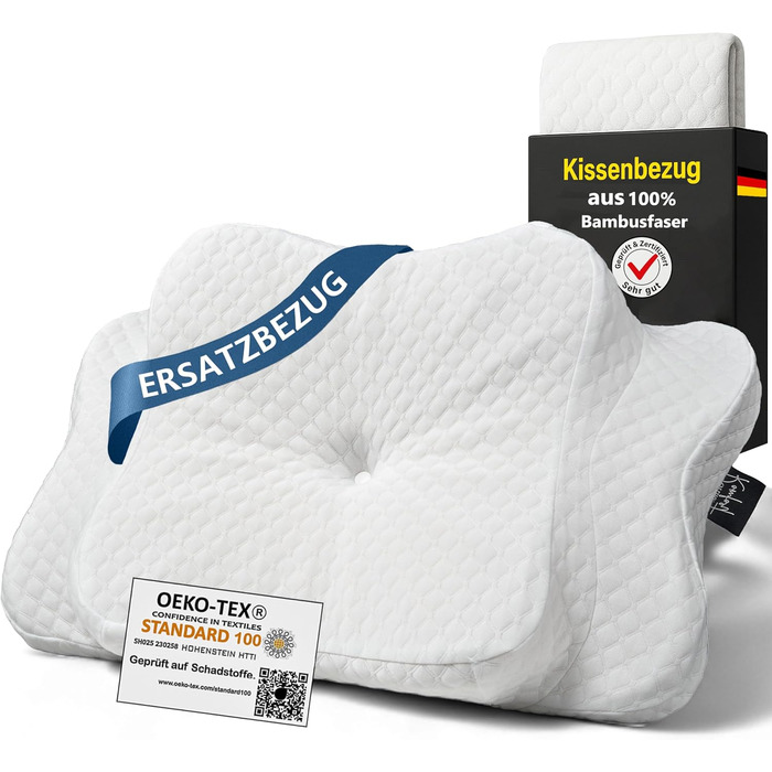 Ортопедична подушка OrthoKomfort® Memory Foam з ефектом пам'яті | Для сну на боці та на спині | Oeko-Tex, знімний чохол, для здорового сну | Біла подушка