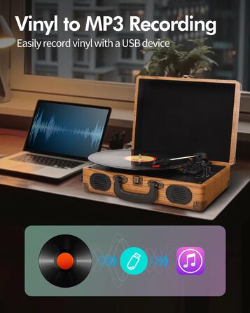 Вініловий програвач з Bluetooth, цифровим енкодером, вбудованими стереодинаміками, 3 швидкості (33/45/78 об/хв), AUX-вхід/вихід, натуральне дерево