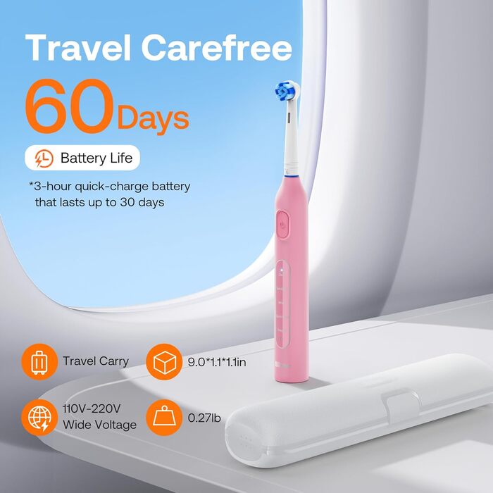 Електрична зубна щітка Bitvae з 8 насадок для дорослих та дітей, кейс для подорожей, 5 режимів, таймер 2 хвилини, 60 днів роботи, (Червона R1H3, Рожева)