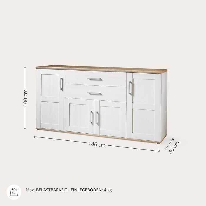 Тумба-консоль Stella Trading ROMANCE в стилі кантрі, матеріал: осика, колір: горіх/дуб Сан Ремо, 186 x 100 x 46 см. Велика тумба для вітальні з великим об'ємом зберігання.