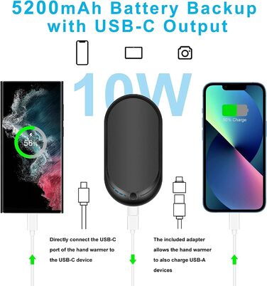 Електричний грієчка USB, Powerbank 5200mAh, портативний кишеньковий грієчка, багаторазовий, для жінок та чоловіків, Raynaud, Outdoor, кемпінг, полювання, катання на лижах, чорний та білий (чорний та сірий)