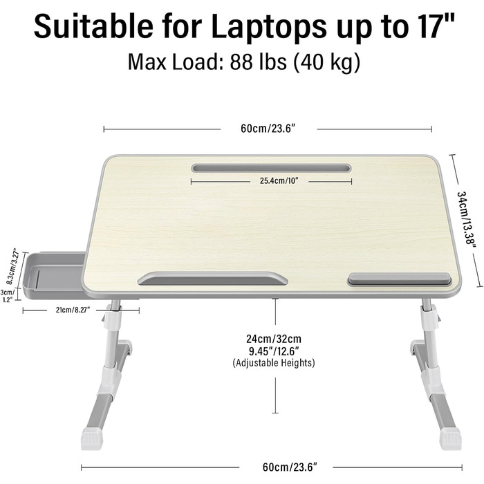 Столик для ноутбука в ліжко, регульований, з ящиком, 60x34 см, бежевий