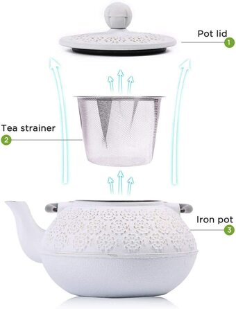 Чайник Webao з чавуну, японський чайник Tetsubin, чайник з ситечком з нержавіючої сталі (800 мл білого кольору)