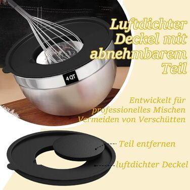 Набір мисок для перемішування 5 шт. з нержавіючої сталі, набір салатників з герметичними кришками, 3 насадки-тертки, об'єм 4.5L, 2.7L, 1.6L, 1.1L, 0.7L, скляні, розбірні, можна мити в посудомийній машині