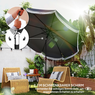Outsunny Parasol Ø269 см, UV 30+Парасолька Восьмикутний балкон Парасолька Пляжна парасолька Вітрозахисний ринок Парасолька Crank Захист від сонця для пляжу Балконний сад, темно-сірий