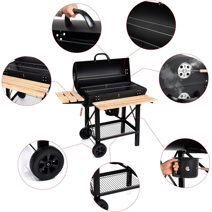 Дров'яний мангал Lehmann з решіткою-грилем XL, візком для дров, 2 полицями, кришкою, колесами та зручною ручкою. Ідеальний для саду, тераси, кемпінгу.