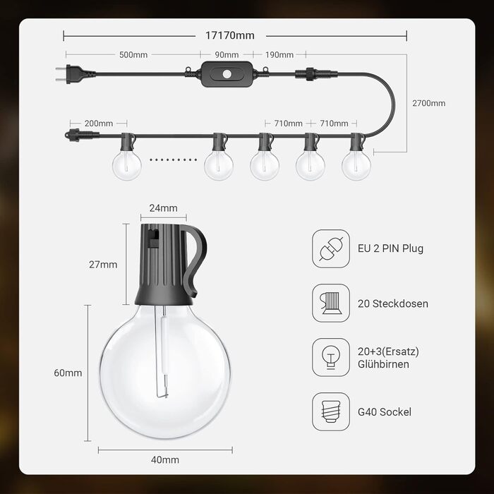Світлодіодні струнні ліхтарі з регулюванням яскравості на відкритому повітрі Теплий-нейтральний-холодний білий 23 лампочки G40 Водонепроникність IP65, 17M