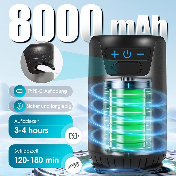 Портативна душ для кемпінгу TINIFO з насосом та акумулятором 8000mAh, з покажчиком температури, 2м шланг для кемпінгу, миття авто, саду та тварин