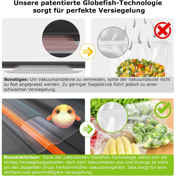 Вакууматор Bonsenkitchen для продуктів, потужний вакуумний пакувальник (15л/хв) з вбудованим різаком та ручкою-фіксатором, чорний