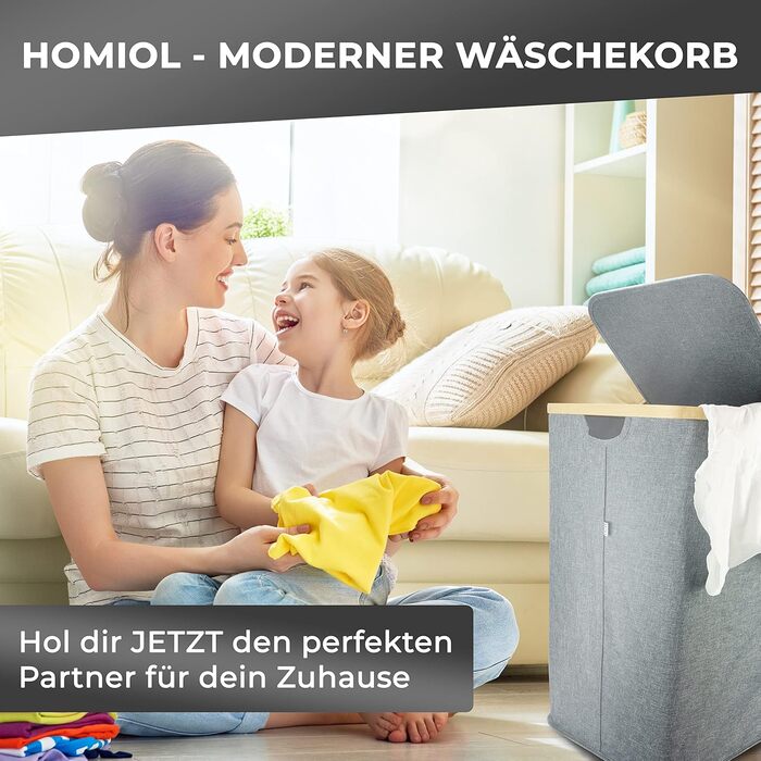 Кошик для білизни HOMIOL з кришкою, 100 літрів, XXL - 2 знімні мішки для білизни з 2 відділеннями