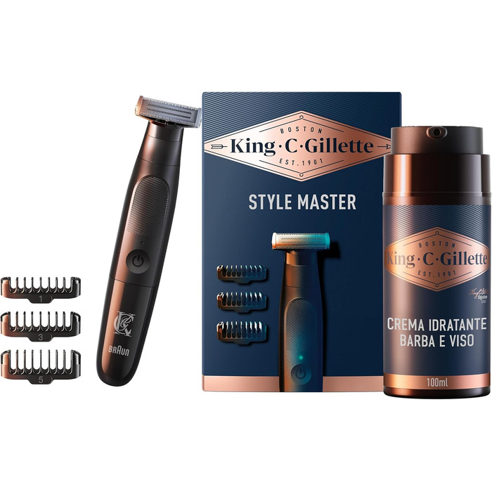 Тример для бороди KING C. Gillette Style Master, акумуляторний, 4D-лезо, зі зволожуючим кремом, вітаміном B3