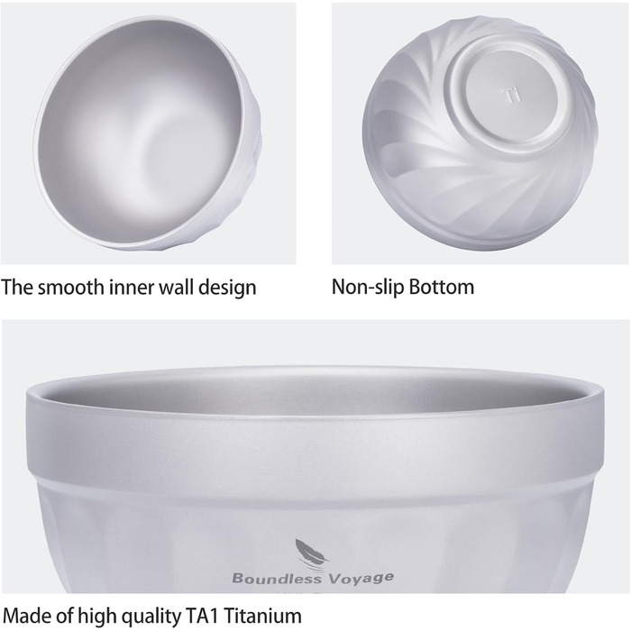 iBasingo Титанові миски з подвійними стінками 500мл та 800мл для каші, їжі, рису, супу. Легкі, портативні, металеві миски для кемпінгу та відпочинку на природі. (500ML Ti1168T)