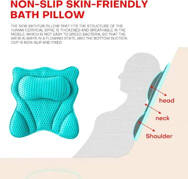 Подушка для ванни 4D Luxus, для голови, шиї, плечей та спини, ергономічна, з 6 присосками, для джакузі та домашнього спа (Зелена)