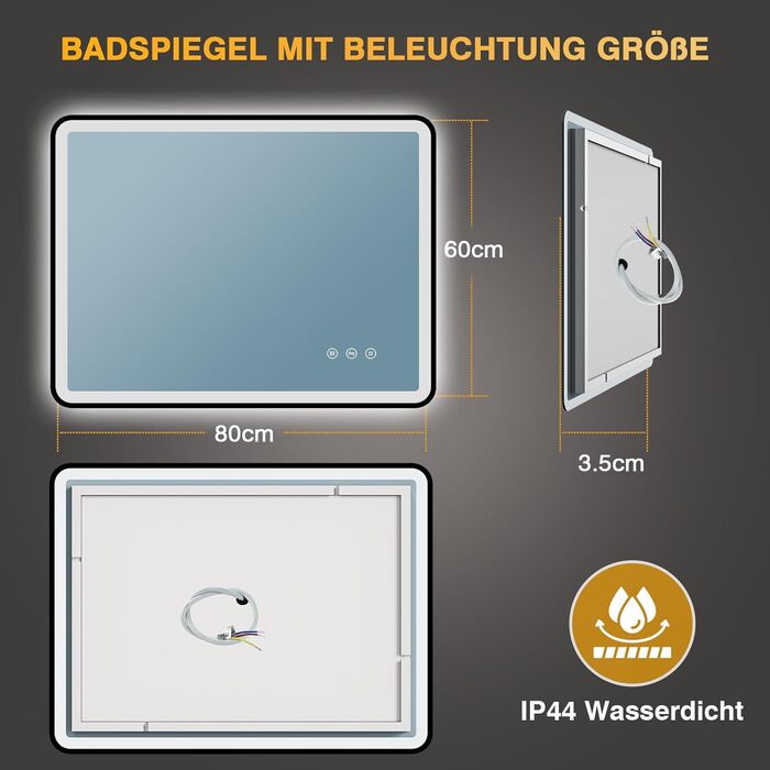 LED дзеркало для ванної кімнати 80x60 см з підсвічуванням, диммер, протитуманне покриття, 3 кольори світла, IP44, функція пам'яті, горизонтальний/вертикальний монтаж