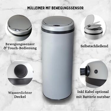 DIVID® Сміттєвий бак з датчиком руху для кухні 50л, сірий | Автоматичний сенсорний контейнер для сміття | З механізмом закривання кришки | Захист від проливання