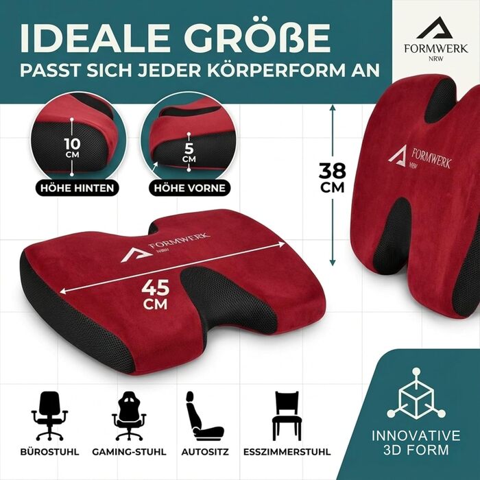 Ортопедична подушка для сидіння - преміум ергономічна подушка для офісу та авто з 3D Memory Foam - OEKO-TEX-100 (60-100 кг) (Червона)