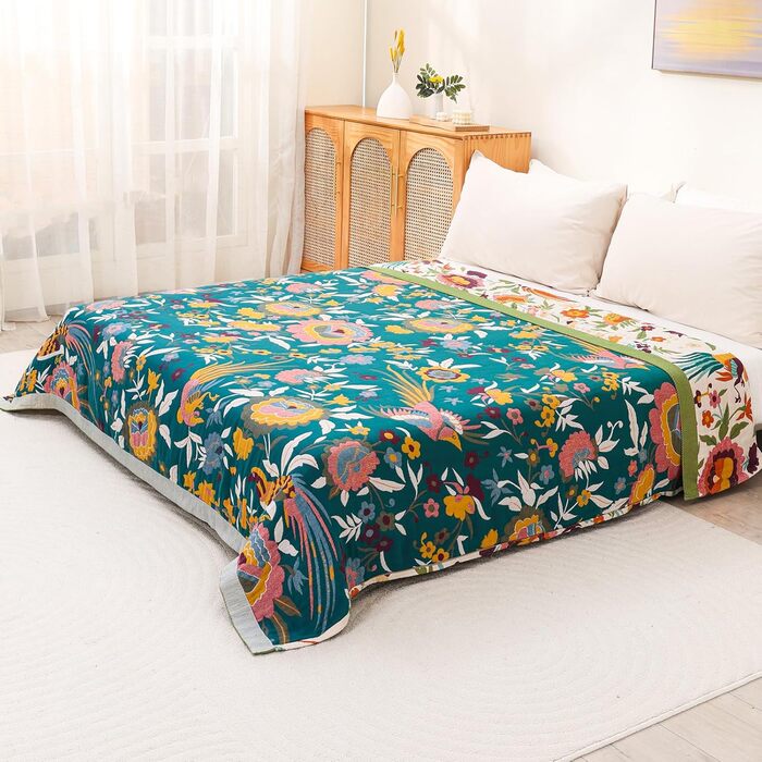 Плед Boho з 100% бавовни, стиль кантрі, 150x200 см, гранатовий колір. Плед на диван та ліжко з квітковим візерунком (квіти, птахи)