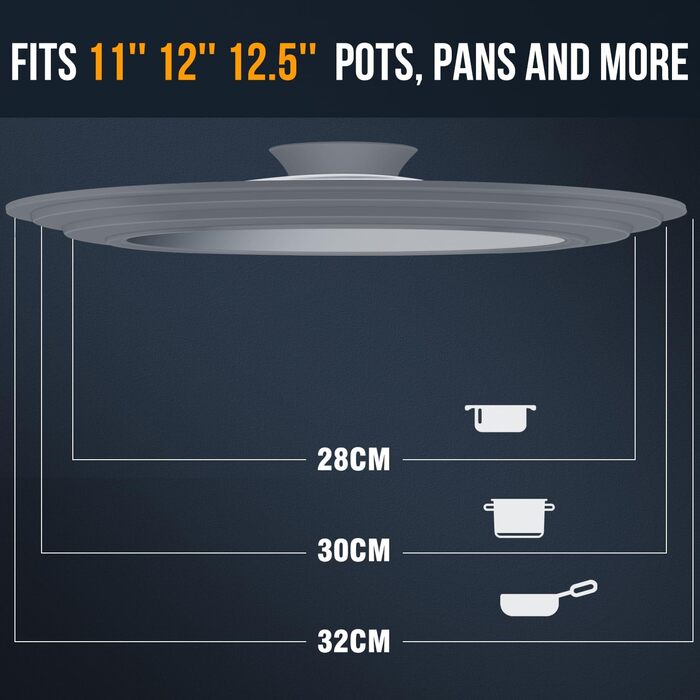 Універсальна скляна кришка для каструль та сковорідок Walfos з силіконовим обідком, термостійка, сіра (діаметр 33, 36, 38 см)