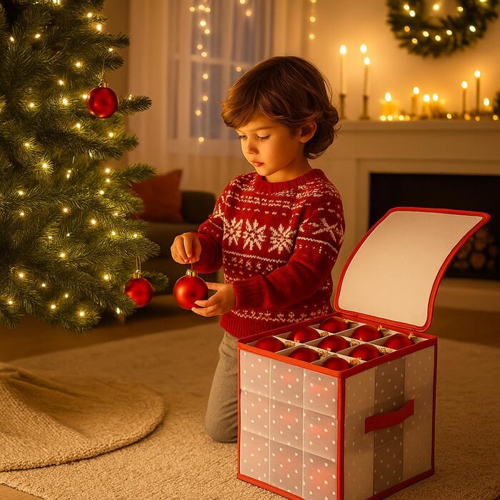 Коробка для зберігання 32 новорічних кулі - органайзер для прикрас на ялинку COM-FOUR - прозора/червона