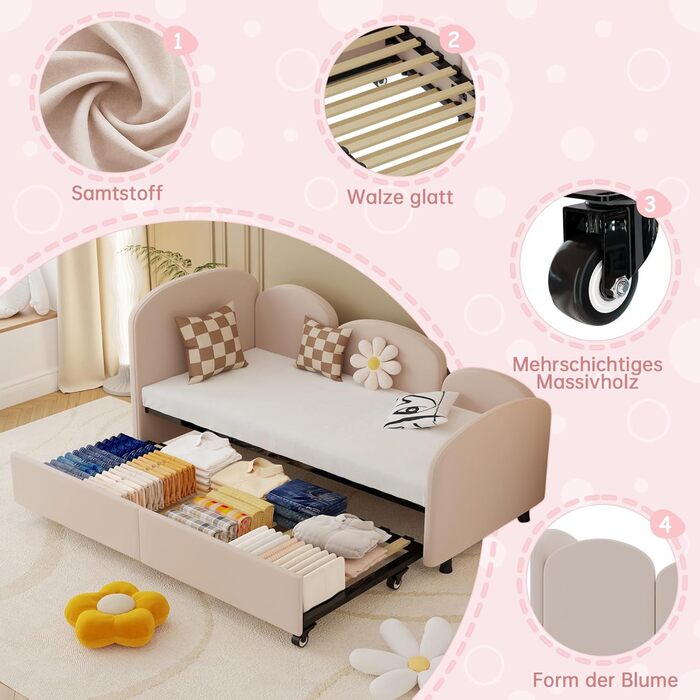 Дитяче ліжко-диван-трансформер 90x200 з висувною платформою, рожевий велюр, без матраца