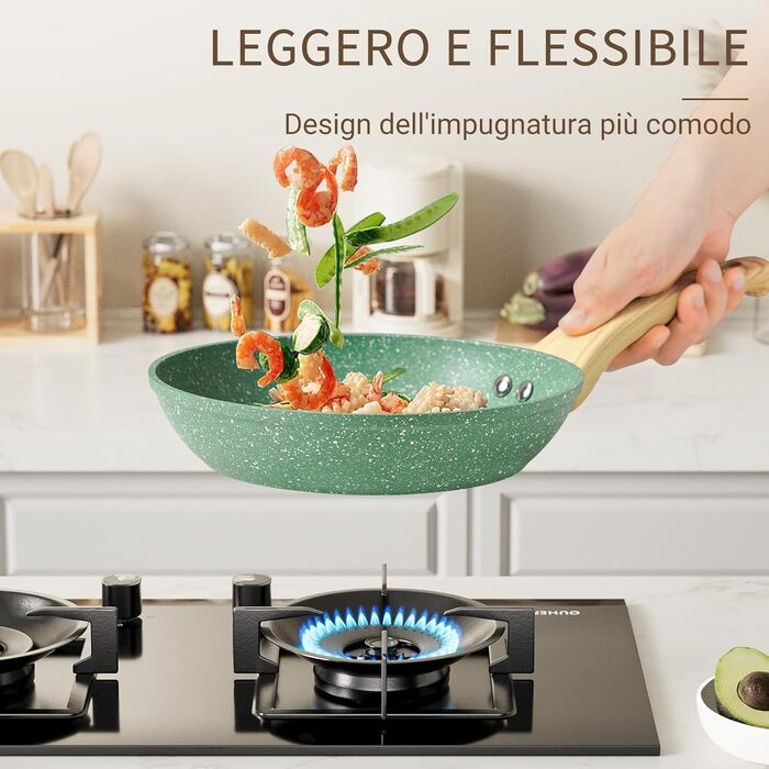 Набір сковорідок Innerwell з кришкою 3 шт. (20, 24, 28 см), індукційні сковороди з керамічним антипригарним покриттям, для професійного використання, безпечні (PFOA-free), придатні для миття в посудомийній машині, м'ятно-зелені