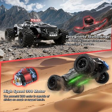 RC Автомобіль Monstertruck 1/14 4WD, 40 км/год, 2 батареї, 7 кольорів підсвічування, Водонепроникний, для дітей та дорослих, Чорний