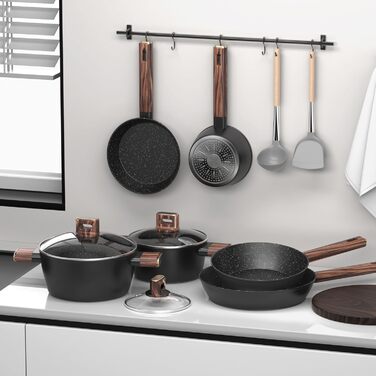 Набір каструль та сковорідок Topbooc 11 предметів: каструлі з нержавіючої сталі з кришкою 16/20/24 см, сковорода 20/28 см, глибока сковорода 24 см, антипригарне покриття, для індукційних плит, PFOA та PFOS-free, з алюмінію