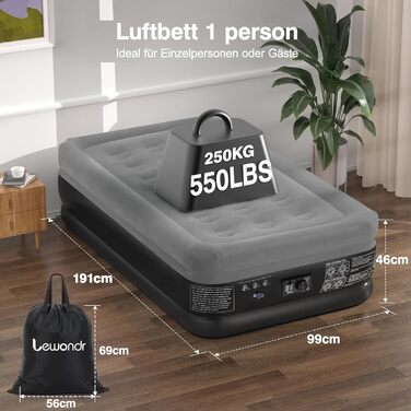 Надувне ліжко Lewondr на 2 особи з вбудованим насосом, 191x99x46 см, сірий, для кемпінгу, дому, гостей, подорожей (250 кг)