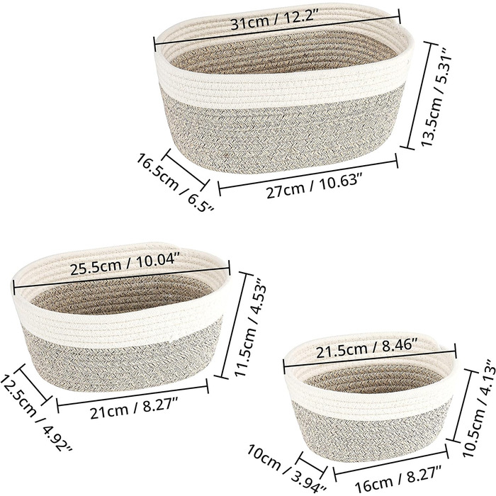 Набір з 3 кошиків для зберігання - плетена бавовняна мотузка - 3 розміри - Кошик для зберігання Дитячий пеленальний столик Аксесуари для прання, зберігання іграшок - Декоративний кошик для дому та полиць
