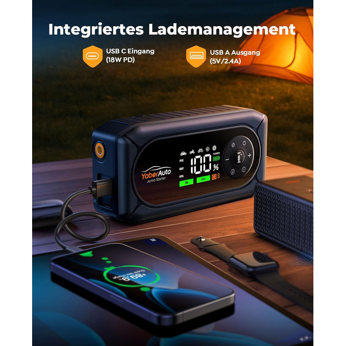 Powerbank для автомобіля YaberAuto AP02 з компресором, 150PSI, 4500A, LED ліхтар 500 люмен, LCD дисплей 3.3