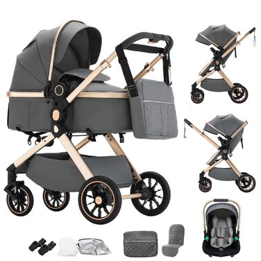 Дитячий візок 3 в 1 Kinderwagen Alltags Buggy, алюмінієва рама, темно-сірий (U9-X)