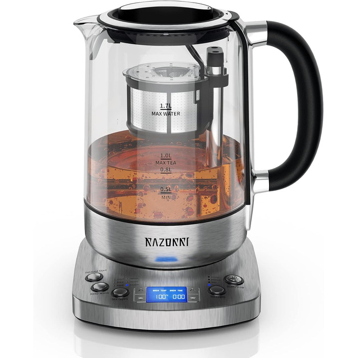 Електричний чайник Razorri 1.7L з автоматичним підйомом кошика, BPA Free, 5 сортів чаю, 3 інтенсивності заварювання, підтримання тепла до 60 хв, програмований час заварювання, з нержавіючою сталлю