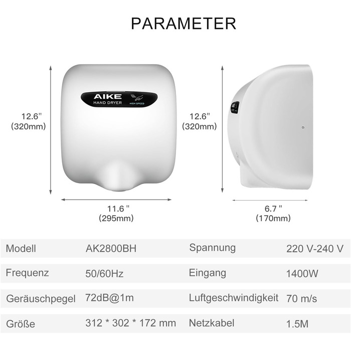 Електричний сушар для рук AIKE AK2800B ECO з сенсором, HEPA-фільтром та з нержавіючої сталі, 10-15 сек сушіння