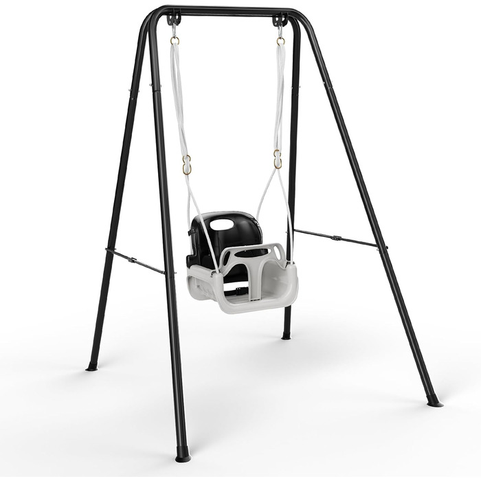 Дитяча гойдалка 2-в-1 з металевим каркасом, безпечний ремінь, для гри в приміщенні та на вулиці (білий, чорний)